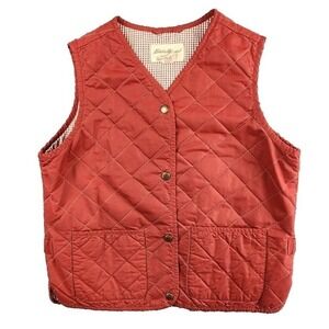 Eddie Bauer Quilted Vest Red Snap Front V Neck Pockets Gingham Lined Size L